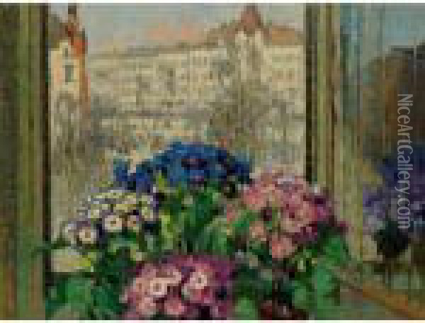 Bouquets On The Ledge, Paris Oil Painting - Konstantin Ivanovich Gorbatov