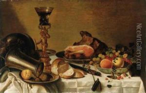 Fruit In A Wanli Kraak Porselein
 Bowl, A Ham On A Pewter Plate, Aroemer On A Silver Gilt Mount In The 
Form Of Bacchus, A Pewterbeaker On A Pewter Plate, A Bread Roll And A 
Knife On A Drapedtable Oil Painting - Pieter Claesz.
