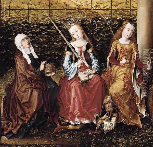 St Catherine of Alexandria with Sts Elizabeth of Hungary and Dorothy c. 1480 Oil Painting - Sainte Gudule Master of