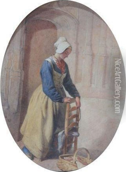 Amaid Kneeling On A Chair Outside A Doorway Oil Painting - William Lee
