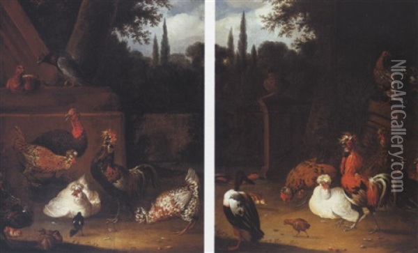 Farmyard Fowl In A Garden Setting Oil Painting - Melchior de Hondecoeter