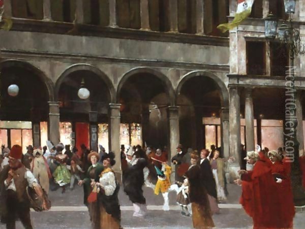 The Carnival Before Cafe Florian, Venice Oil Painting - Friedrich von Puteani