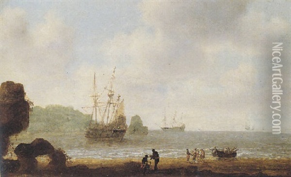 A Tropical Coastal Scene With A Rowing Boat Coming Ashore On A Beach, Other Shipping Vessels Beyond Oil Painting - Gillis (Egidius I) Peeters