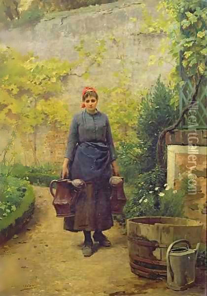 Woman with Watering Cans Oil Painting - Louis Emile Adan