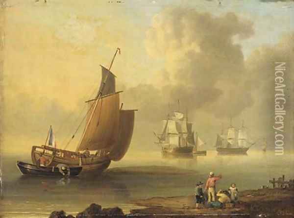 A French lugger and merchantmen in coastal waters Oil Painting - John Ward Of Hull