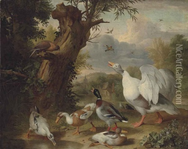 A Goose, Ducks And A Raptor By A Pond In A Wooded Landscape, A Farmyard And A Church Beyond Oil Painting - Jakob Bogdani