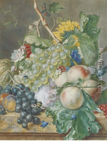 Still Life Of Grapes, Peaches, 
Plums And Other Fruit With Peonies,chrysanthemums And Convolvulus, On A 
Marble Ledge Oil Painting - Jan Van Huysum