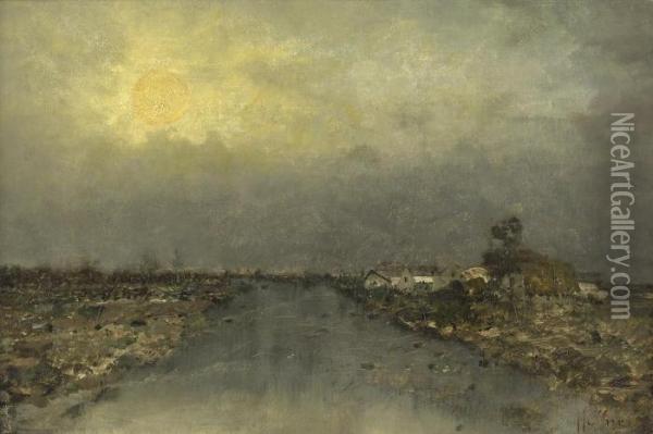 Herbstnacht An Einem Kanal In Weiter Landschaft Oil Painting - Karl Heffner
