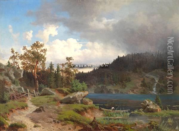 Fisker Ved Skogsvann Oil Painting - Morten Muller