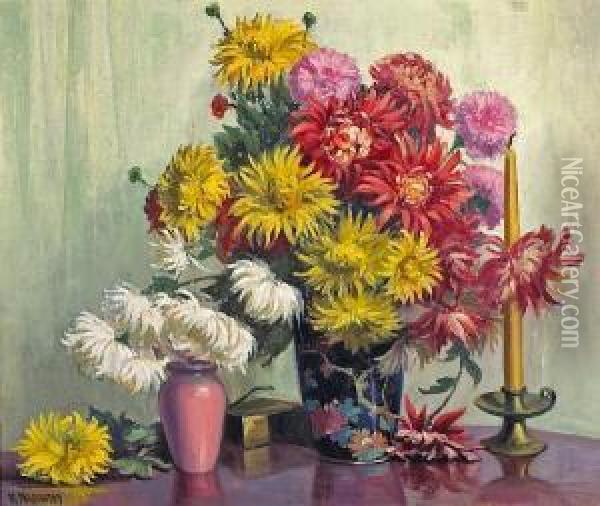 A Bouquet Of Chrysanthemums In A Bluevase Oil Painting - Walter Farrington Moses