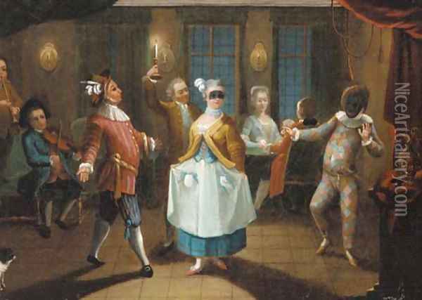 Elegant figures dancing in an interior with a harlequin Oil Painting - Venetian School