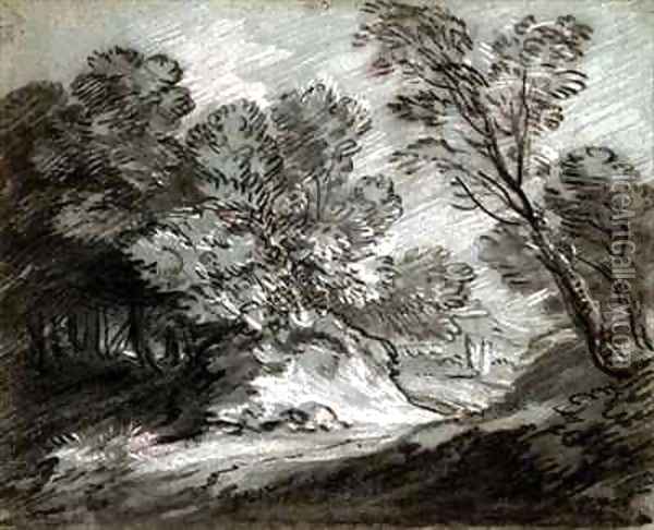 Wooded landscape with a distant mountain Oil Painting - Thomas Gainsborough