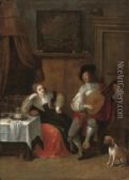 A Gentleman Serenading A Lady In An Interior Oil Painting - Christoffel Jacobsz van der Lamen