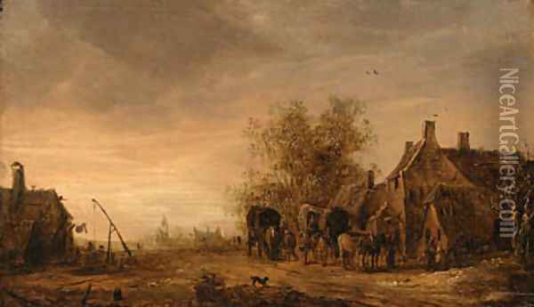 A view of the village of Renkum, with travellers in wagons resting on the roadside by an inn, the church beyond Oil Painting - Jan van Goyen