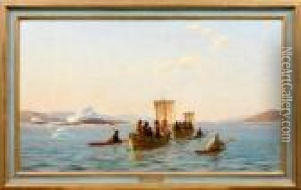 Gronland-landschaft Mit Inuit In Kleinen Segelbooten Und Kajaks Oil Painting - J.E. Carl Rasmussen