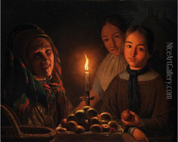 Die Apfelverkauferin Oil Painting - Petrus van Schendel