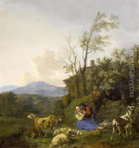 A Shepherdcouple With Sheep In A Landscape Oil Painting - Nicolaes Berchem