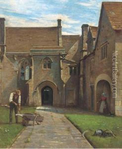 A Gardener And Maid In A Castle Courtyard Oil Painting - Charles Edward Marshall