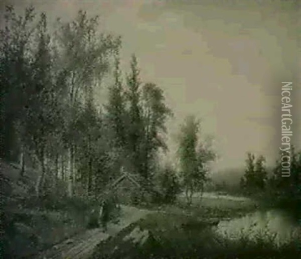 Skogslandskap Med Stuga Och Sjo Oil Painting - Carl Abraham Rothsten