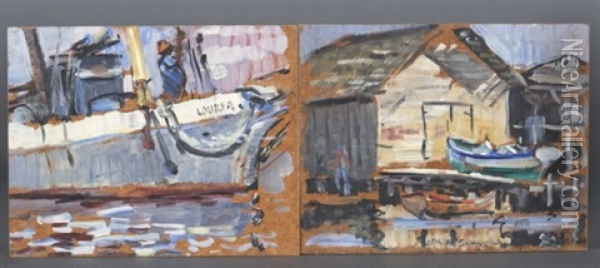 The Dingy Shed; Scene Of Man On Boat (pair) Oil Painting - Philip Ayer Sawyer