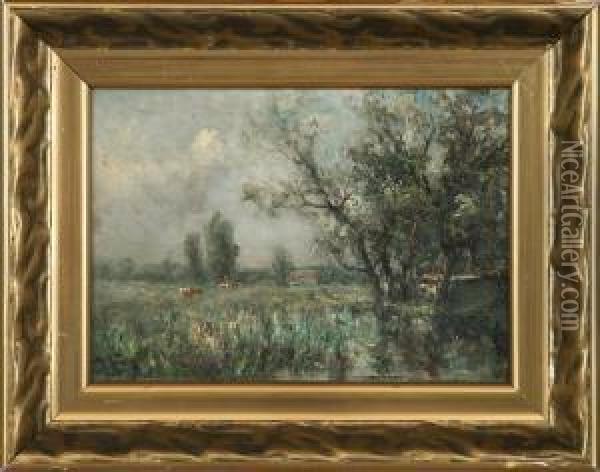 Landscape With Cows And A House. Signed Monogram Oil Painting - George A. Boyle