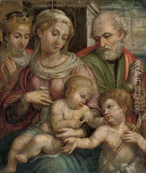 The Holy Family With The Infant Saint John The Baptist And Saint Catherine Of Alexandria Oil Painting - Innocenzo Da Imola