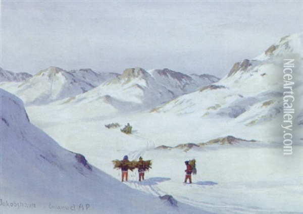 Gronlaenderinder I Fjeldet Oil Painting - Emanuel A. Petersen