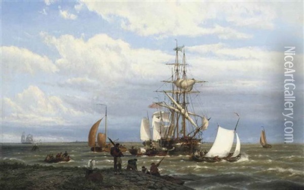 A Busy Estuary Oil Painting - Johannes Hermanus Barend Koekkoek
