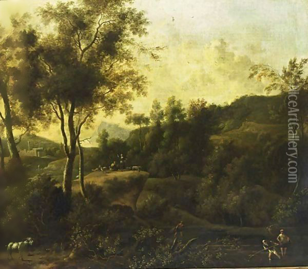 A Southern Wooded Landscape With Fishermen In A Stream And Shepherds With Their Herd In The Background Oil Painting - Frederick De Moucheron