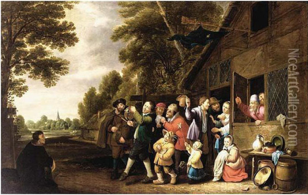 A Procession Of Peasants Leaving A Country Inn, Playing Musical Oil Painting - Pieter de Neyn