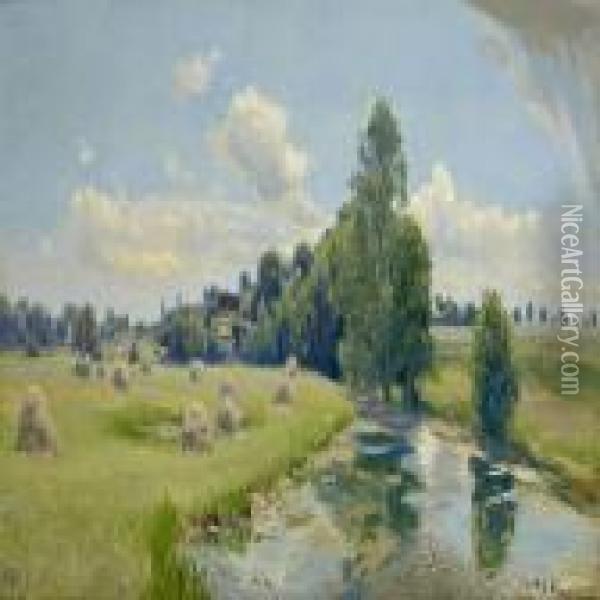 A Summer Sceneryalong Odense A With Harvesters In The Field Oil Painting - Hans Anderson Brendekilde
