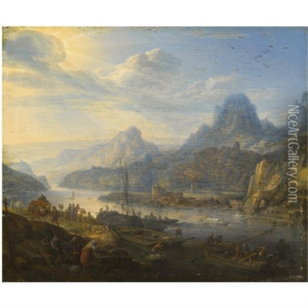 An Extensive Rhenish River Landscape With Barges And Mountains Beyond Oil Painting - Herman Saftleven