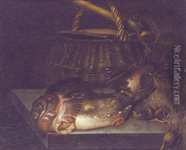 A Cod By A Creel And Fishing Nets On A Stone Table Oil Painting - Hendrick ten Oever
