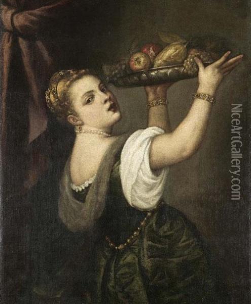 Brustbild Einer Jungen Frau, Welche Eine Fruchteschale Halt. Oil Painting - Tiziano Vecellio (Titian)