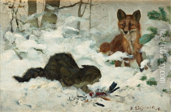 Hunting Cat Surprised By A Fox Oil Painting - Bruno Liljefors