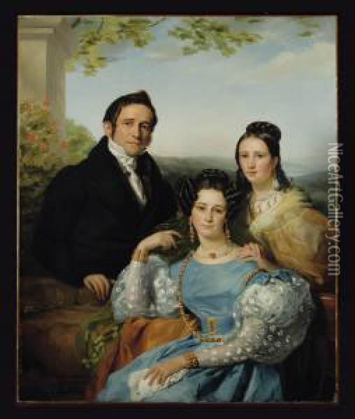 Portrait Of Theodore Joseph Jonet And His Two Daughters Oil Painting - Francois Joseph Navez