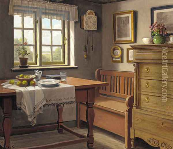 A bowl of apples on a partially draped table before a sunlit window Oil Painting - Carl Frederik Sorensen
