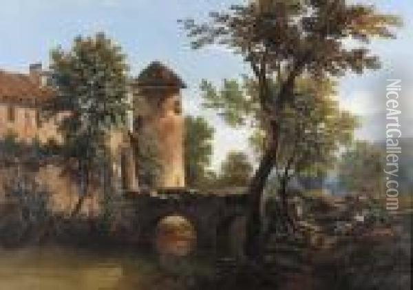 Flusslandschaft Mit Schlossartigem Hof. Oil Painting - John Jnr. Varley
