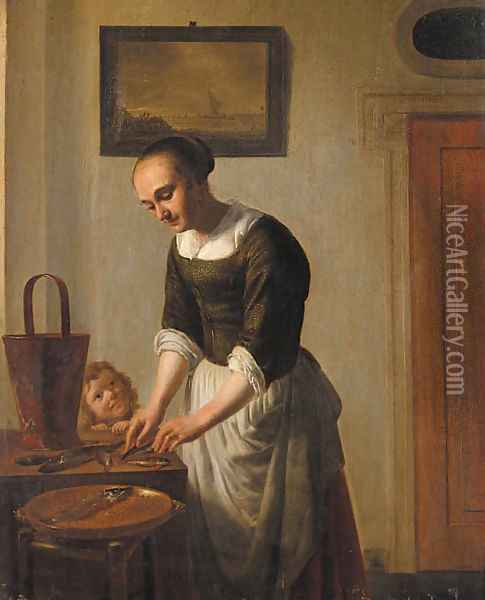 A woman filleting fish watched by a child Oil Painting - Abraham van, I Strij