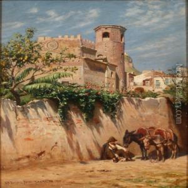 Street Scene From Taormina, Sicily, With A Farmer Eatinglunch Oil Painting - Niels Frederik Schiottz-Jensen