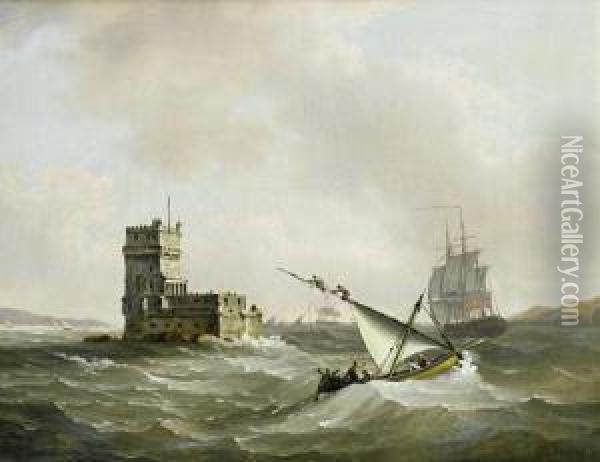 An English Frigate In Choppy Waters In The Tagus Passing The Belem Tower Oil Painting - John Thomas Serres