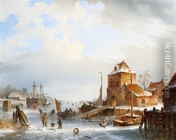 Wintery Activities On The Ice Oil Painting - Johannes Hilverdink