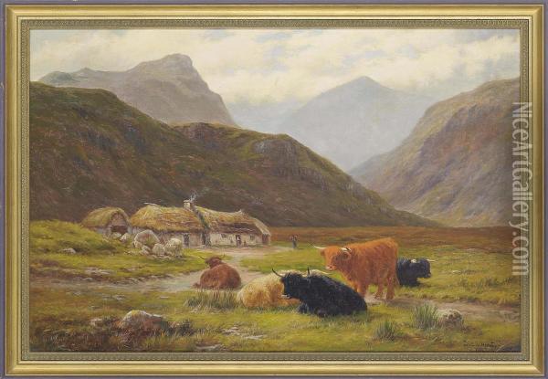 Highland Cattle Resting Near Croft Houses Oil Painting - Louis Bosworth Hurt
