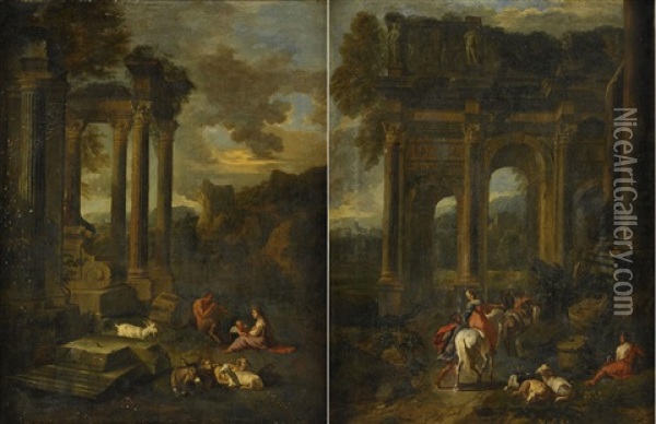 Ruinlandskap Med Figurer - Ett Par Oil Painting - Pieter van Bloemen