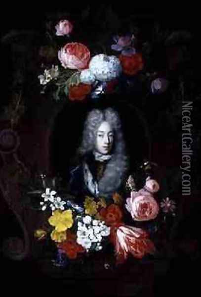 A Portrait of a Man surrounded by a Garland of Flowers 1696 Oil Painting - Constantijn & Heem, D.C.de Netscher