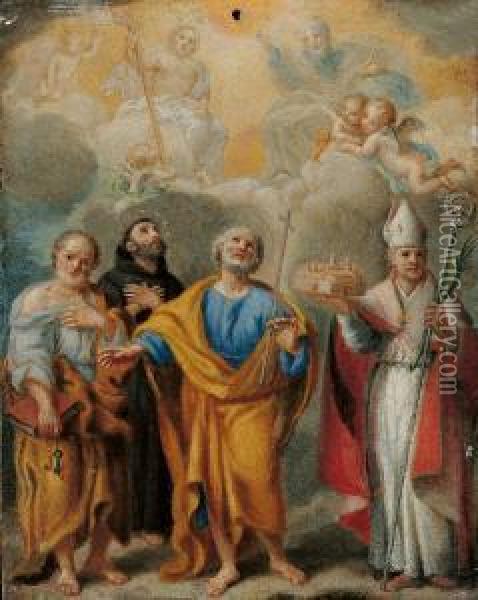 Gottvater Von Engeln Umgeben Und Vier Heilige. Oil Painting - Cirlce Of Filippo Lauri