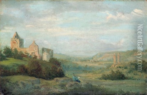 Landschaft Mit Blick Auf Eine Ruine Und Einen Zeichner Oil Painting - August (Friedrich A.) Reinhardt