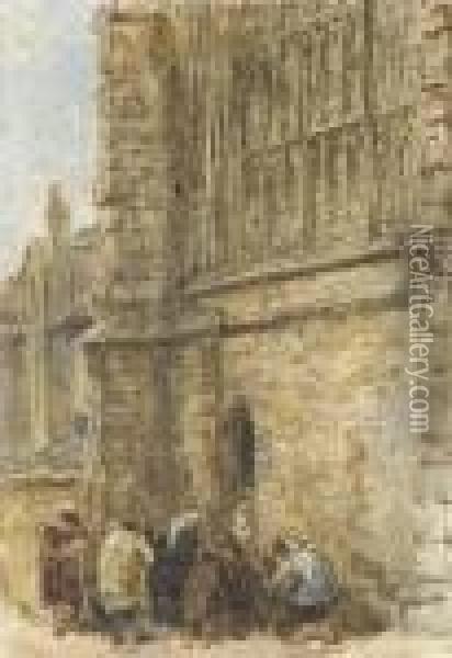 Figures Receiving Alms At The Church Door Oil Painting - David I Cox