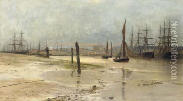 Shipping At Dawn, Woolwich Reach On The River Thames Oil Painting - Charles William Wyllie