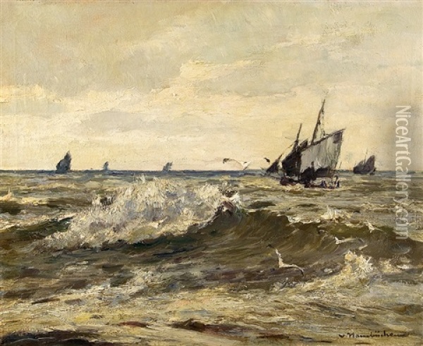 Mowen Vor Den Fischerbooten Oil Painting - Wilhelm Hambuechen